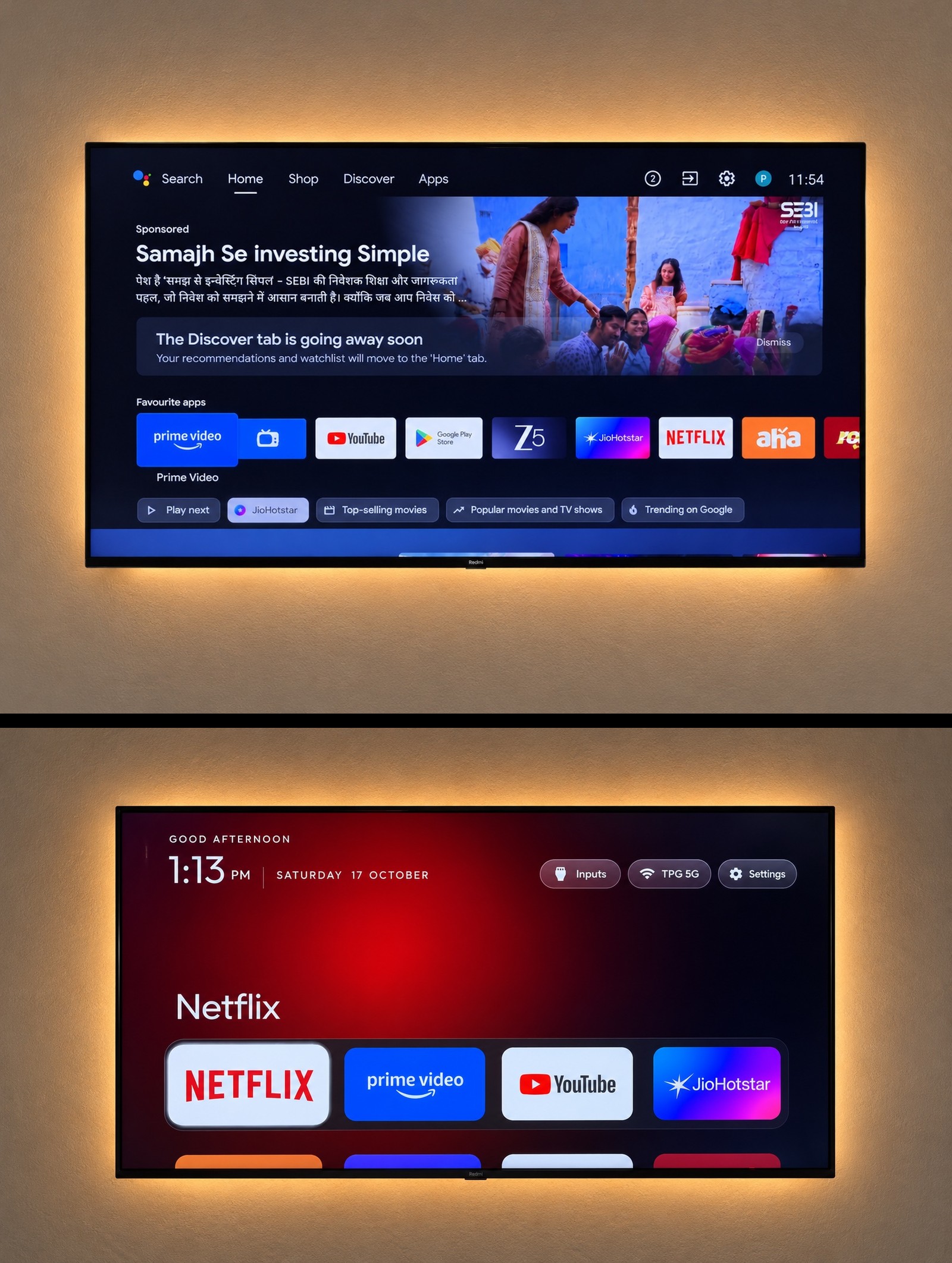CleanYourTV 改造前后对比:左侧为充满广告与推广位的原生 Google TV,右侧为类似 Apple TV 的纯净极简主界面